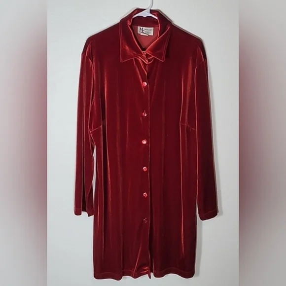 Vintage | Dresses | Vintage Maggie S Velvet Button Front Shirt Dress Size  Lxl Red Tunic Long Sleeve | Poshmark